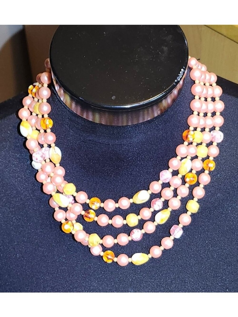 Vintage Pink & Yellow Faux Pearl 4-Strand Necklace Classic Jewelry